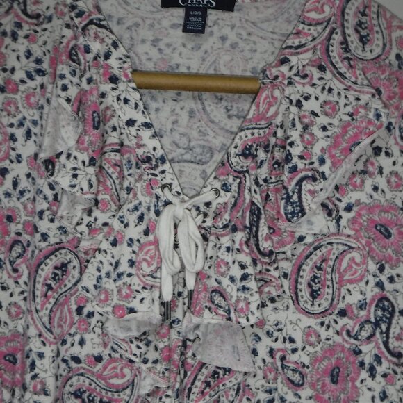 Chaps Ladies Cream/Blue/Pink Pasley V Neck with Ruffle Blouse - Picture 2 of 4